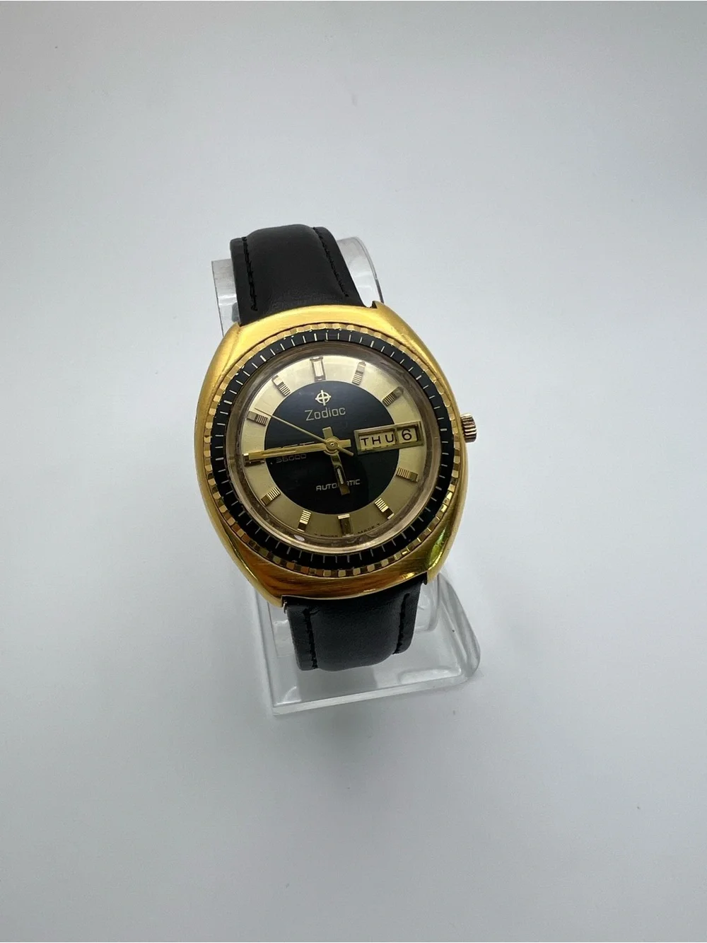 Zodiac Gold Tone Watch with Black Dial